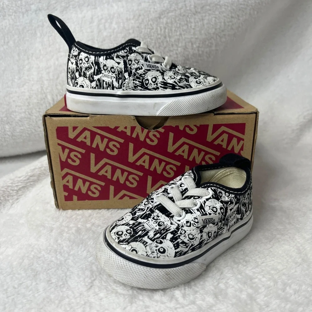 Toddler Vans Authentic Skate Shoes Skull Print Black‎ White Size 4 US